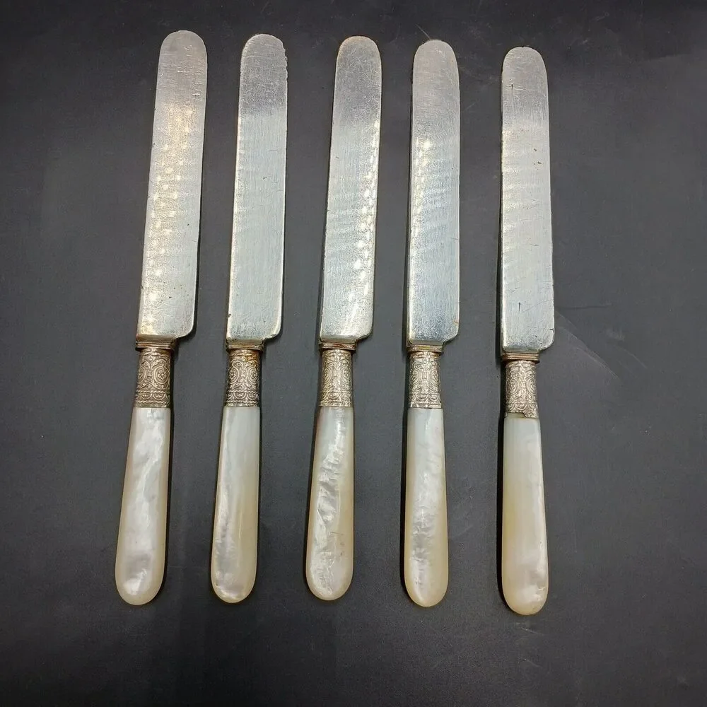 1834 J Russell & Co Knife 5pcs Silverplate Ferrule Blunt End MOP Antique Pearl
